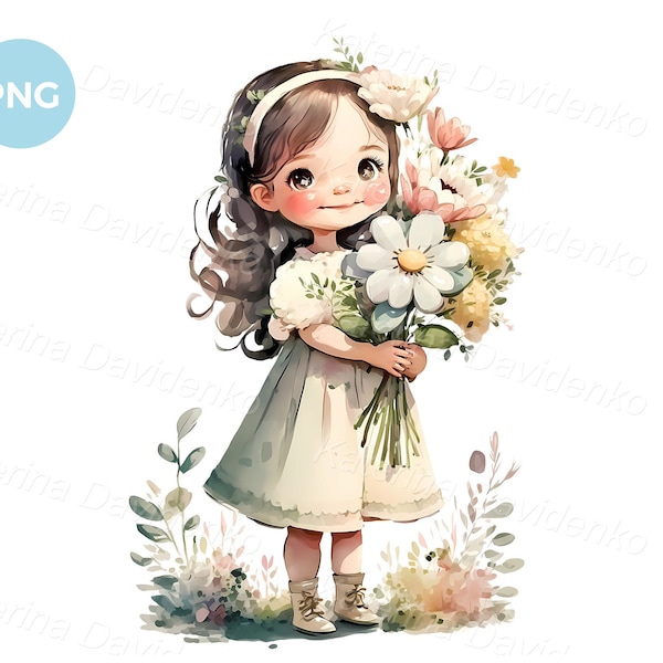 Cute little girl with a bouquet of flowers. Printable watercolor painting, nursery art, design for greeting card, digital download PNG