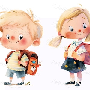 Lindo niño de dibujos animados niña con mochilas escolares Clipart de pie escolares retrato aislado Clipart Niños de la escuela felices y sonrientes en uniforme