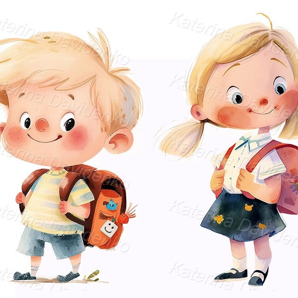 Cute Cartoon Boy Girl with School Backpacks Clipart Standing Schoolkids Portrait  Isolated Clipart Happy Smiling School Children in Uniform