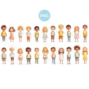Happy cartoon kids clipart. Isolated PNG children watercolor illustration, kids standing at full height. Funny boys and girls clipart