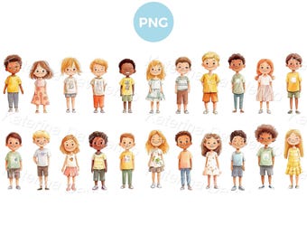 Happy cartoon kids clipart. Isolated PNG children watercolor illustration, kids standing at full height. Funny boys and girls clipart