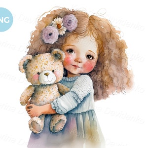 Little girl hugging a teddy bear, nursery art, printable watercolor painting
