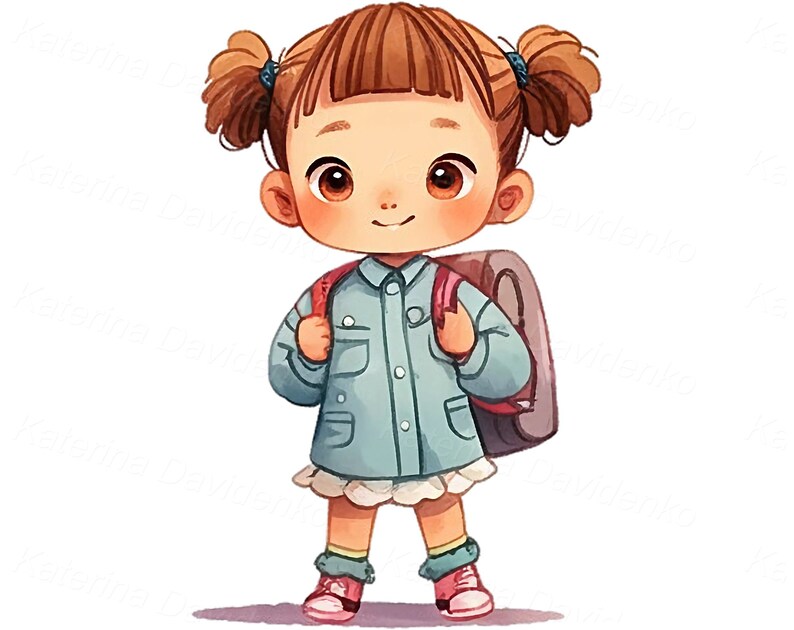 May include: A cartoon illustration of a young girl with brown hair in pigtails wearing a light blue jacket, a white skirt, and pink shoes. She is carrying a gray and red backpack.