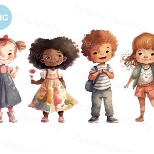 Clipart PNG de niños de dibujos animados en acuarela. Lindas niñas y niños felices parados en fila. Ilustración de acuarela de clipart de niños. Descarga digital