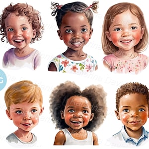 Ensemble de portraits d'enfants de différentes nationalités, enfants visage PNG clipart, illustration aquarelle pour impression, téléchargement numérique