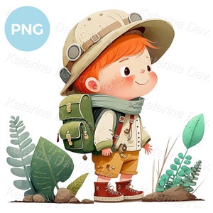 Digitaal waterverfschilderij van schattige kleine ontdekkingsreiziger met rugzak en hoed. Cartoon kind clipart illustratie.