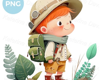 Digital watercolor painting of cute little explorer boy with backpack and hat. Cartoon kid clipart illustration.
