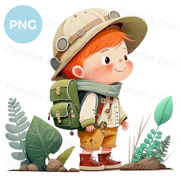 Digital watercolor painting of cute little explorer boy with backpack and hat. Cartoon kid clipart illustration.