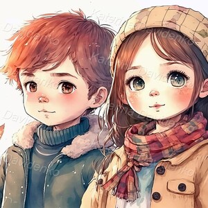 Anime Couple Portrait, Romantic Valentines Day, Teen clipart, illustration for card, printable image