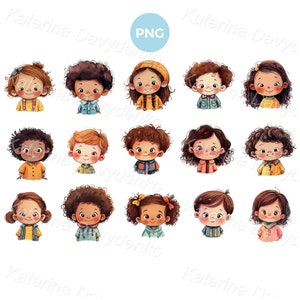 Cartoon Multiethnic Kids PNG Clipart Set Children Faces Isolated Pictures Boys Girls Smiling Faces Digital Download Cute Kids Images