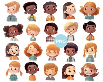 Children emotions. Collection of cartoon kids faces. Set of avatar PNG clipart. Different expressions of boys and girls