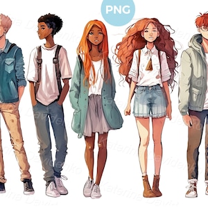 Cartoon tieners png-bestand. Jongeren staan op een rij in vrijetijdskleding. School jongens en meisjes tieners portret. Digitale download