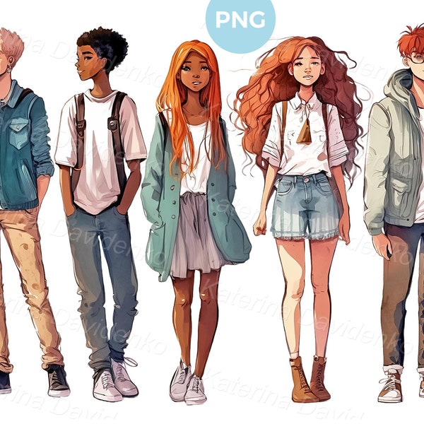 Cartoon teenagers PNG clipart. Young people standing in a row in casual clothes. School boys and girls teens portrait. Digital download