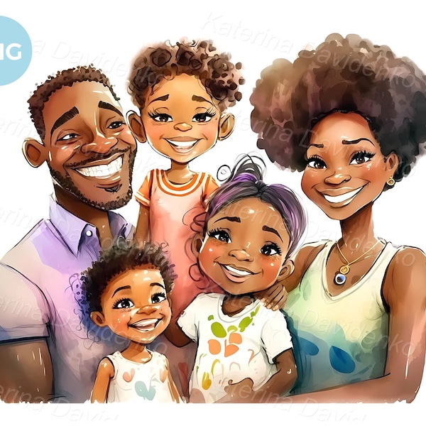 Happy family portrait. PNG cartoon clipart. Mother, father, daughters and son. Digital watercolor painting. Big cartoon family with children