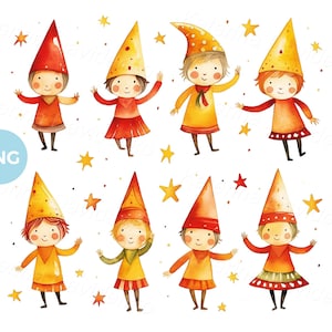 Watercolor Christmas PNG clipart. Set of happy children in Christmas elf costumes. Christmas design elements. Cartoon Christmas kids elves
