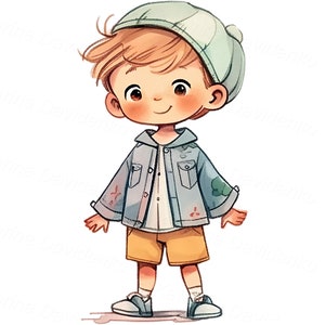 May include: A cartoon illustration of a young boy wearing a light blue denim jacket with a white shirt underneath, yellow shorts, and a light blue and white beanie.