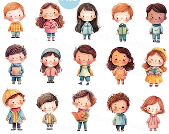 Set of happy cartoon kids PNG clipart. Little boys and girls standing. Cute children characters clipart, isolated kids. Digital download