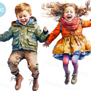Kids PNG clipart. Boy and girl jumping together, cheerful kids in autumn clother, watercolor digital illustration
