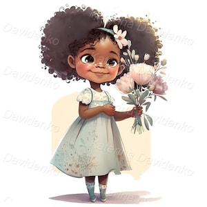 Glückliches afroamerikanisches Mädchen mit einem Blumenstrauß. Aquarellbild für eine Grußkarte, Illustration für das Kinderzimmer, digitaler Download