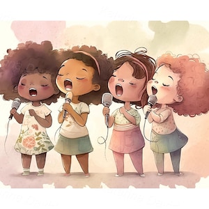 Group of little cartoon girls with microphones singing song. Children activities clipart. Digital download