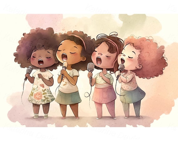 Group of little cartoon girls with microphones singing Children  activities Digital download