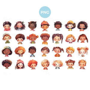 Conjunto de caras de niños de dibujos animados felices, clipart PNG de niños de acuarela, personajes aislados, clipart de caras de niños, dibujos animados de niños y niñas