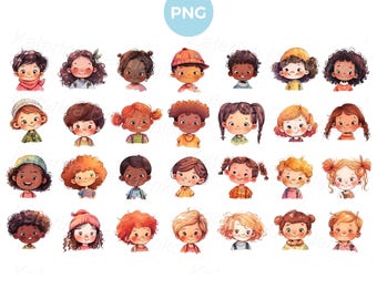 Happy cartoon kids faces set, watercolor kids PNG clipart, isolated characters, children faces clipart, cartoon little boys and girls