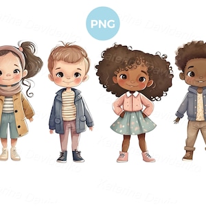 Niños y niñas de dibujos animados en ropa casual de primavera de pie en una fila, conjunto de imágenes prediseñadas de niños de acuarela, imágenes PNG de niños, descarga instantánea
