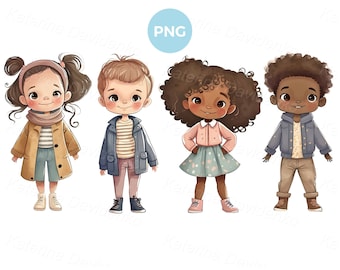 Cartoon boys and girls in spring casual clothes standing in a row, watercolor children clipart set, kids PNG images, instant download