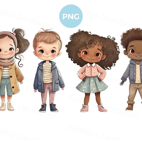 Garçons et filles de dessin animé au printemps vêtements décontractés debout dans une rangée, ensemble de clipart enfants aquarelle, enfants images PNG, téléchargement immédiat