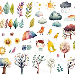 May include: Watercolor illustrations of various weather and nature elements, including leaves, trees, birds, clouds, a rainbow, and a sun. The artwork features a colorful umbrella, flowers, and mugs, all in a whimsical style.