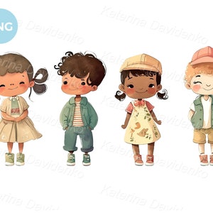 Lächelnde kleine Kinder verschiedener Nationalitäten in einer Reihe stehen, niedliche Cartoon Kinder PNG Clipart, Aquarell Illustration