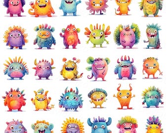 May include: A collection of watercolor illustrations of whimsical, colorful monsters. Each monster has a unique design, with varying colors, shapes, and features, including horns, spikes, and multiple eyes. The image has a PNG watermark in the top right corner.