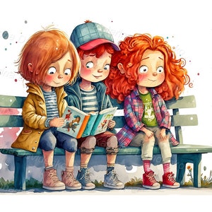Ilustración de acuarela de dibujos animados de niños leyendo libros en un banco del parque en otoño. Clipart de niños. Descarga digital