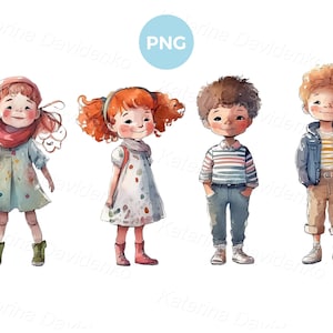 Kinder PNG Clipart. Glückliche kleine Cartoon Kinder, die in einer Reihe stehen. Süsse Kinder Aquarellmalerei, 100% Baumwolle, Sofortdownload