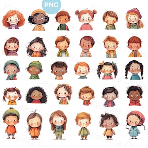 Cartoon kids avatars PNG clipart bundle. Big collection of cute children faces set, boys and girls isolated clipart. Digital download