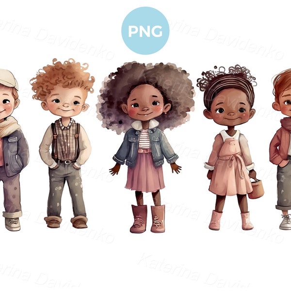 Set of cute cartoon little kids in autumn casual clothes standing in a row, watercolor children illustration, boys and girls PNG clipart