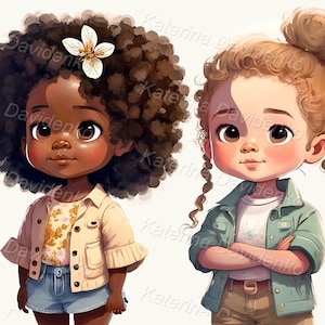 Little cartoon girls with different hairstyles. Kids portrait on white background. Digital download, children clipart, watercolor painting