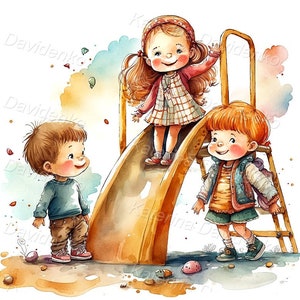 Imágenes prediseñadas de niños pequeños de dibujos animados. Grupo de niños jugando en un tobogán. Ilustración en acuarela. Niños en el patio de recreo, actividades infantiles al aire libre