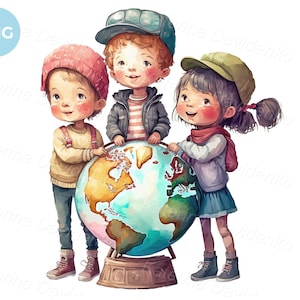 Kinder verschiedener Nationalitäten mit Globus, Cartoon Kinder PNG Clipart Illustration, sofortiger Download