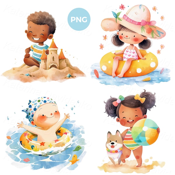 Cartoon happy kids PNG clipart, activities during the summer seasons. Watercolor set of smiling little children, relaxing on the beach