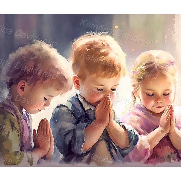 Three little kids, boys and girl, praying together. Printable watercolor painting.