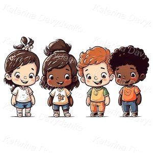 Cartoon happy little kids clipart. Cute funny children standing in a row.