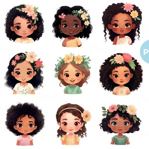 Set of cartoon smiling little girls faces PNG clipart, funny kids avatars, children icons set, multi ethnic children faces, kids clipart