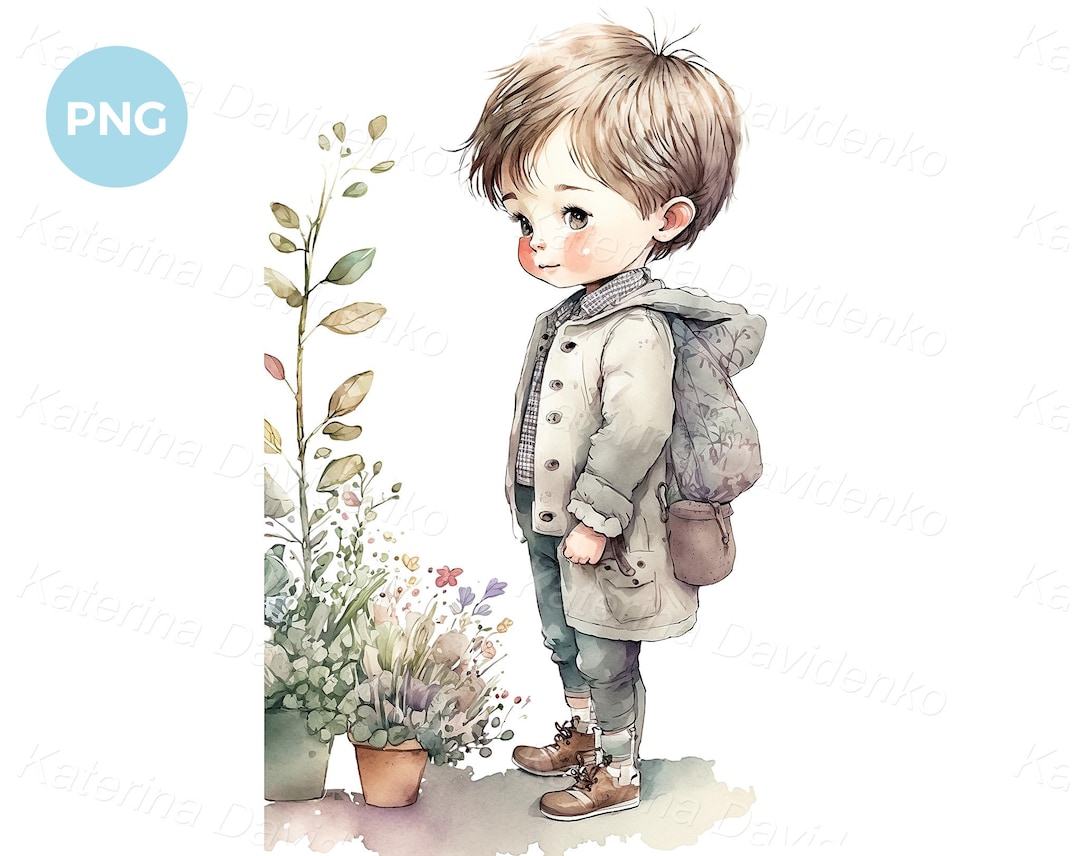 屋外に立つかわいい男の子。水彩画、PNG形式の子供向け漫画クリップ