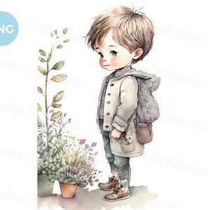 Cute little boy standing outdoors. Watercolor painting, PNG cartoon kids clipart, nursery art
