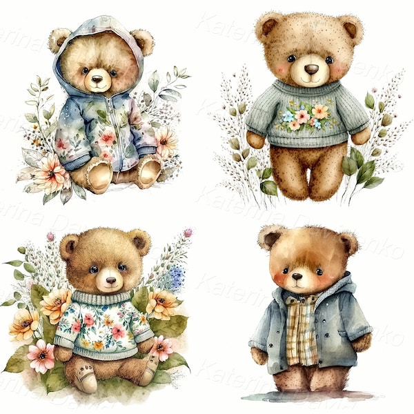 Set of cute teddy bear toys, nursery art, digital watercolor painting, printable wall art, digital instant download