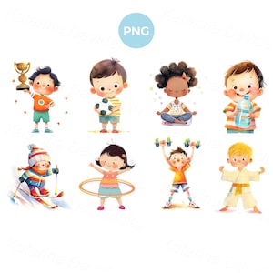 Cartoon children doing different sport activities, watercolor cartoon happy kids physical exercise clipart set. PNG digital files