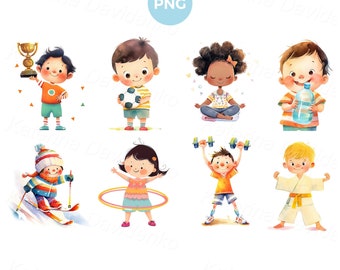 Cartoon children doing different sport activities, watercolor cartoon happy kids physical exercise clipart set. PNG digital files