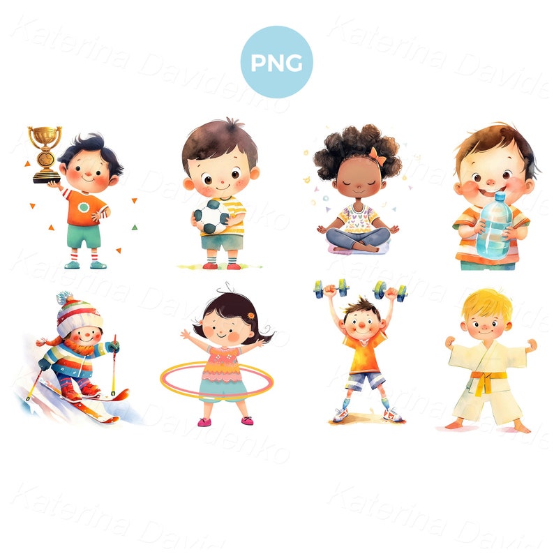 May include: Eight illustrations of children participating in different activities. The first illustration shows a child holding a trophy. The second illustration shows a child holding a soccer ball. The third illustration shows a child sitting in a yoga pose. The fourth illustration shows a child holding a water bottle. The fifth illustration shows a child skiing. The sixth illustration shows a child playing with a hula hoop. The seventh illustration shows a child lifting weights. The eighth illustration shows a child wearing a karate uniform.